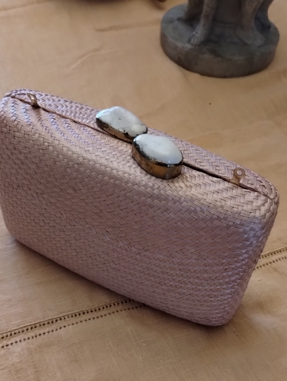Woven Metallic Rose Pink Evening Clutch with Stone Accent